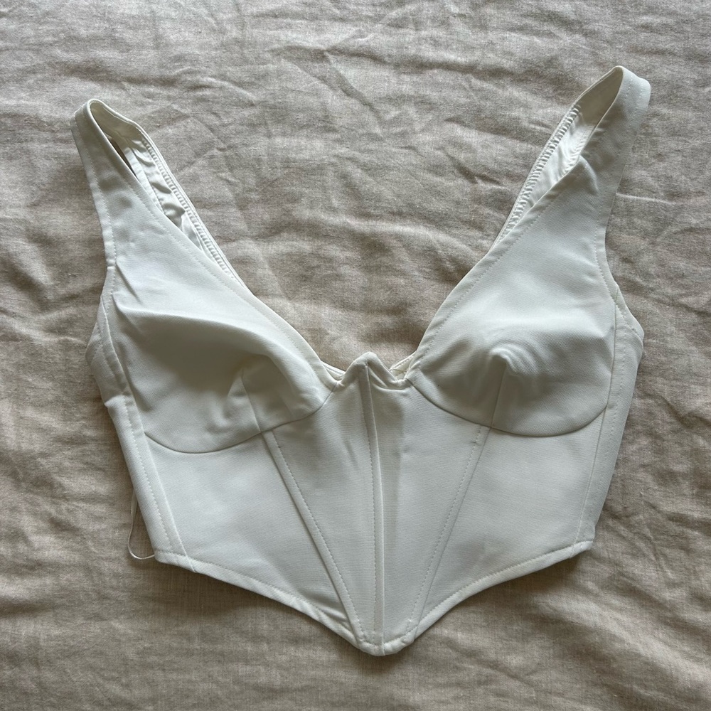Bardot Corset Crop Top with Zippered Back and Cup Support